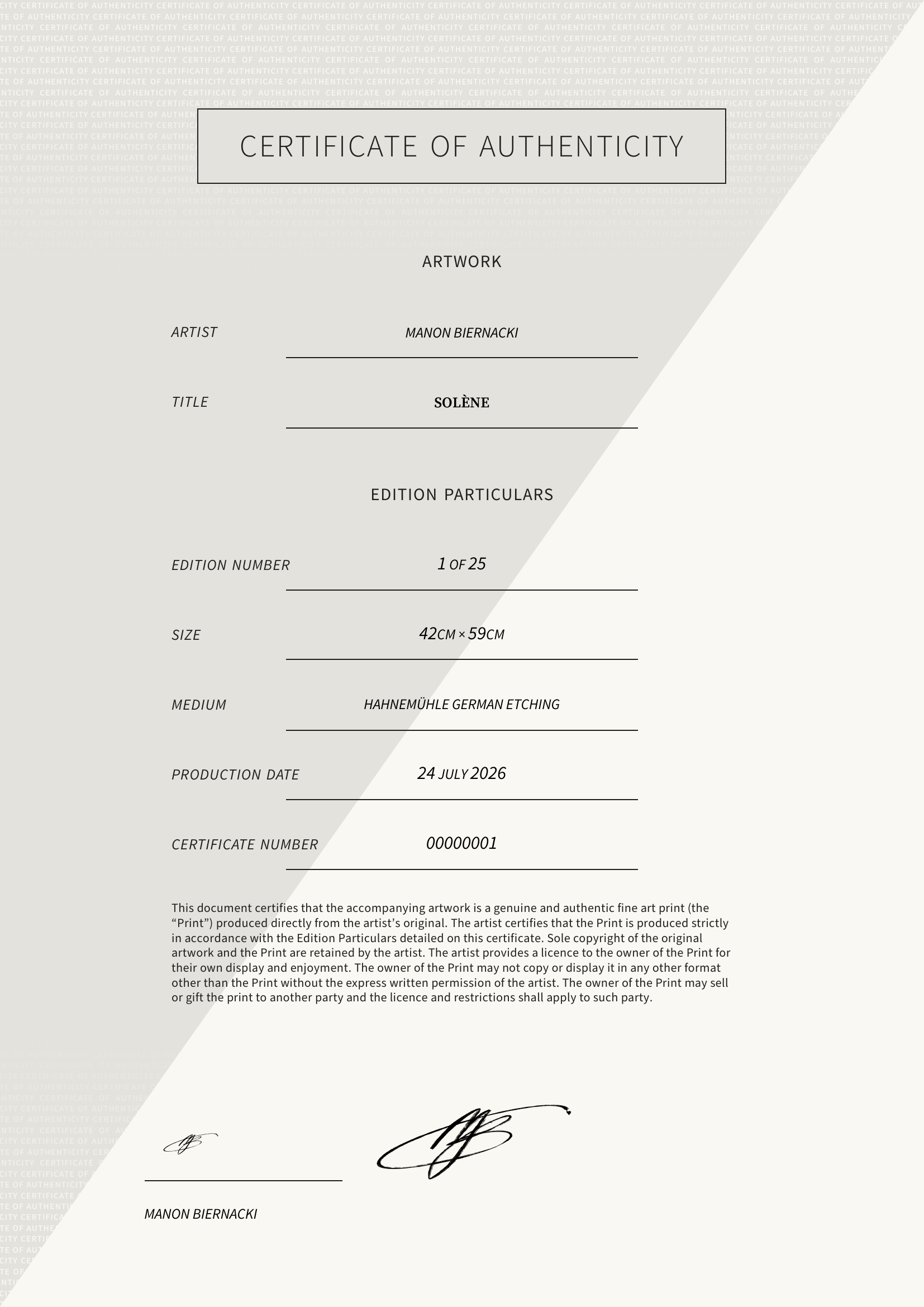 Solène — Certificate of Authenticity